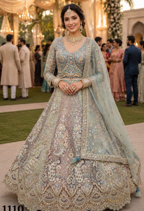 Multi Colour Net Lehenga Choli with Embroidered, Resham and Zari Work
